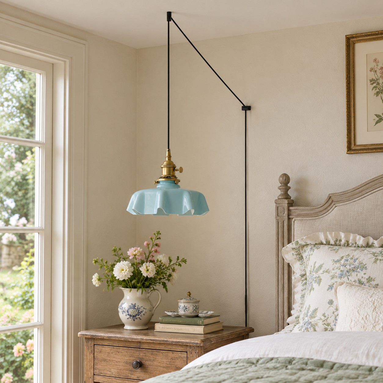 Yellow flower glass pendant light beside a softly styled bed