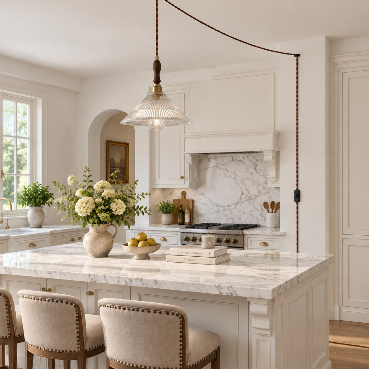 Plug-in swag pendant above a kitchen island