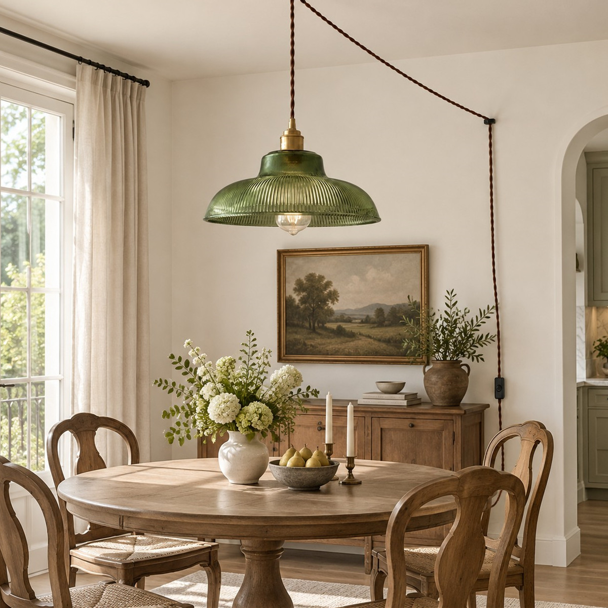 Plug-in swag pendant in a dining room