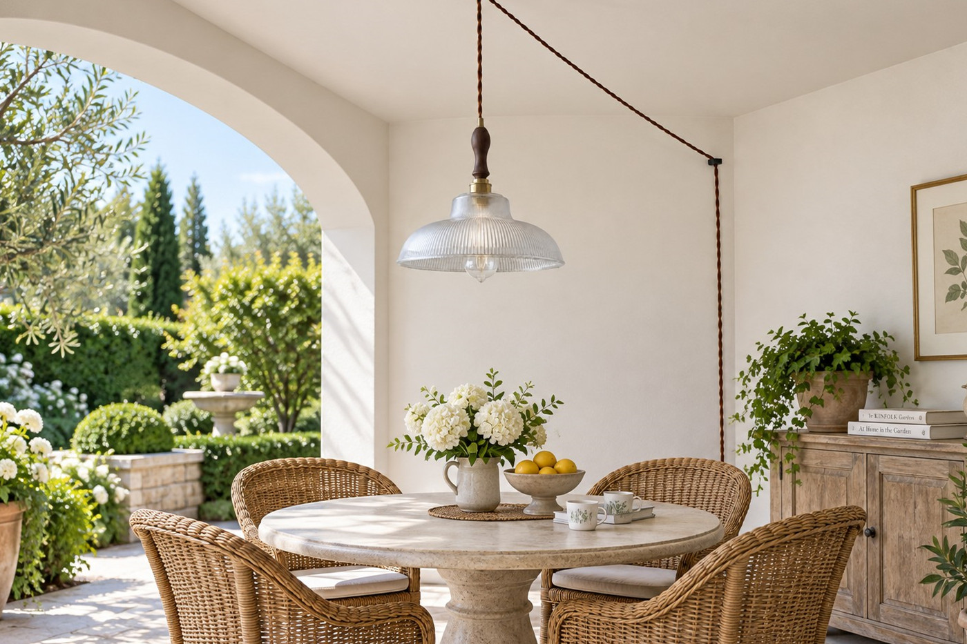 Vintage ribbed glass plug-in pendant in an interior