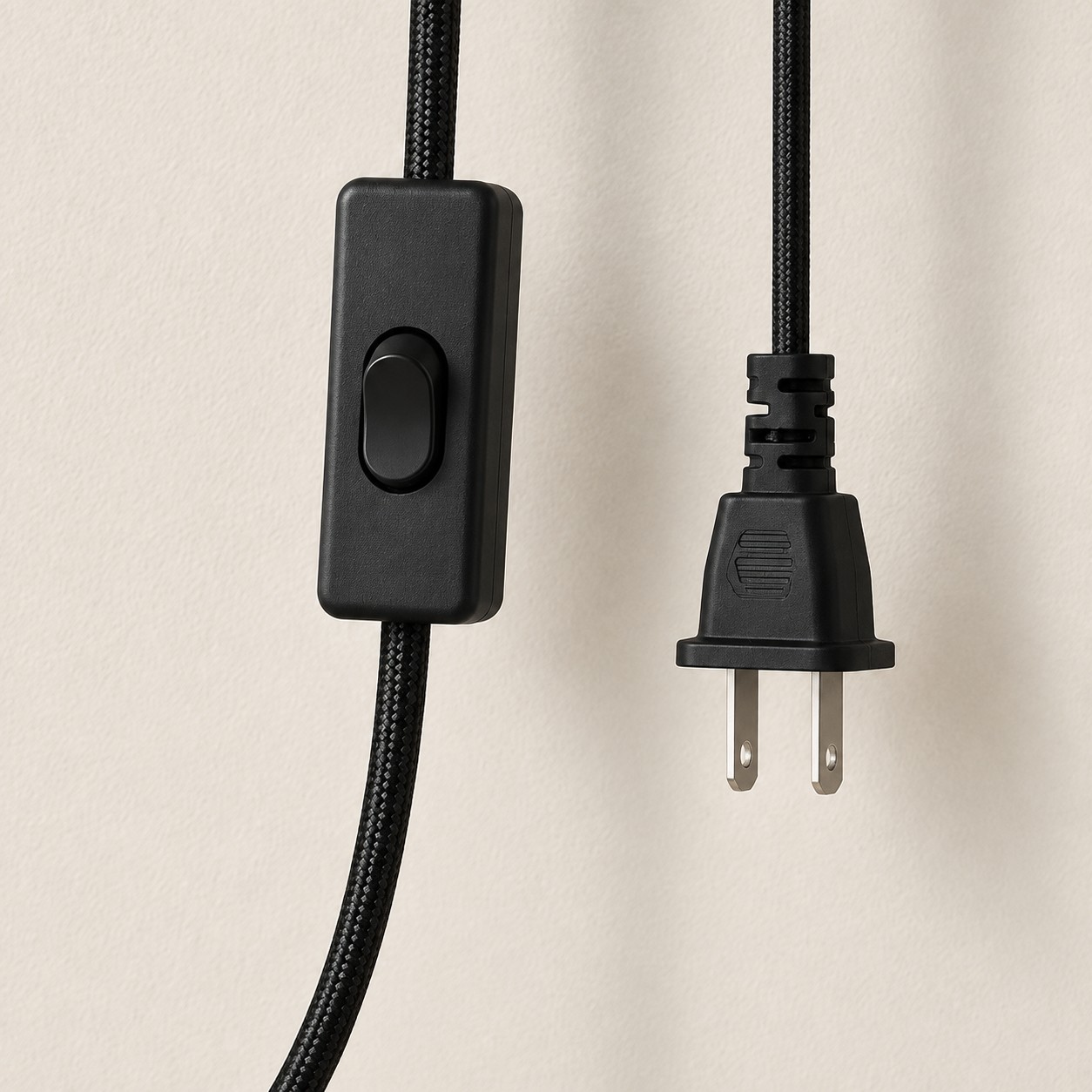 Black cord with inline rocker switch and two-pin plug