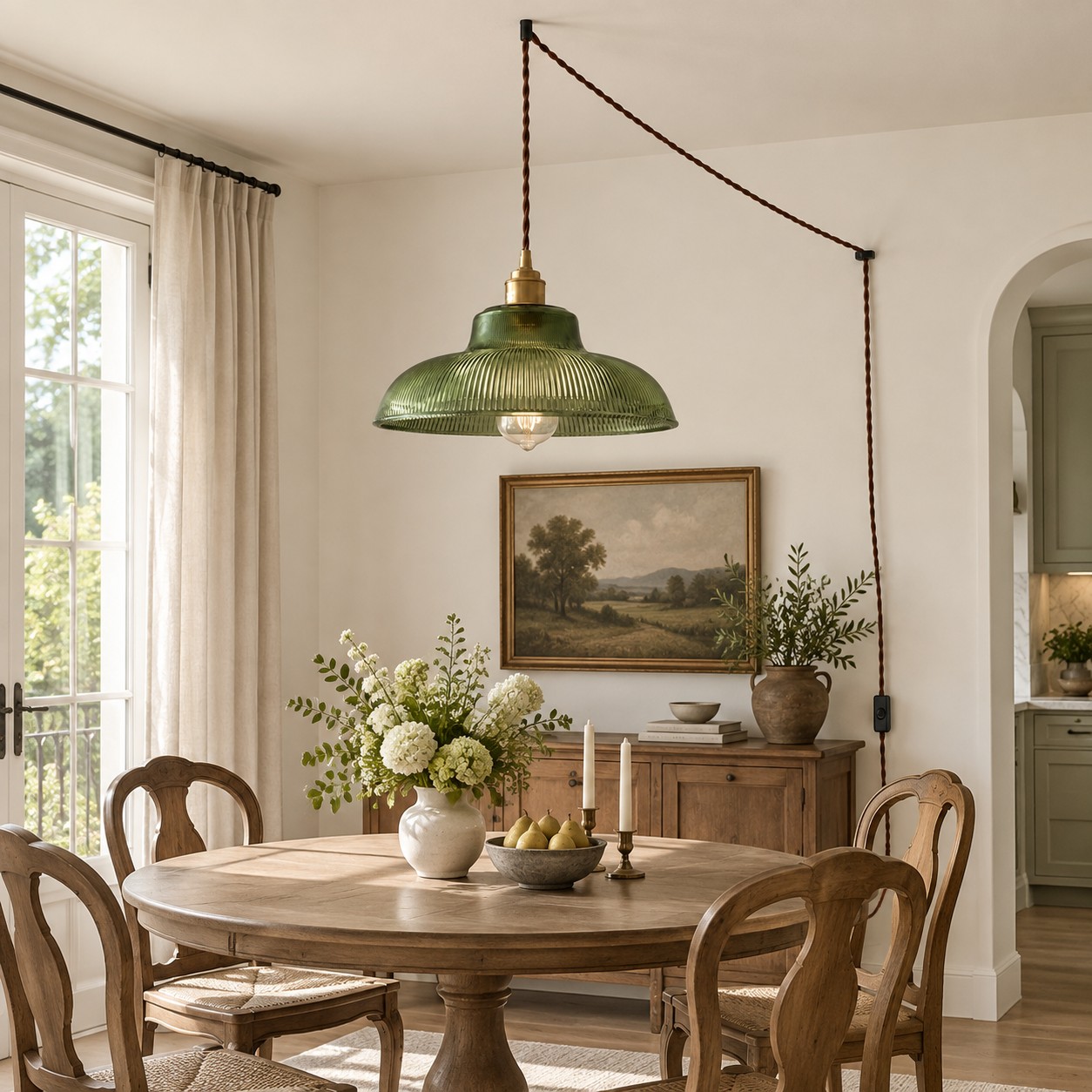 Plug-in swag pendant in a dining room