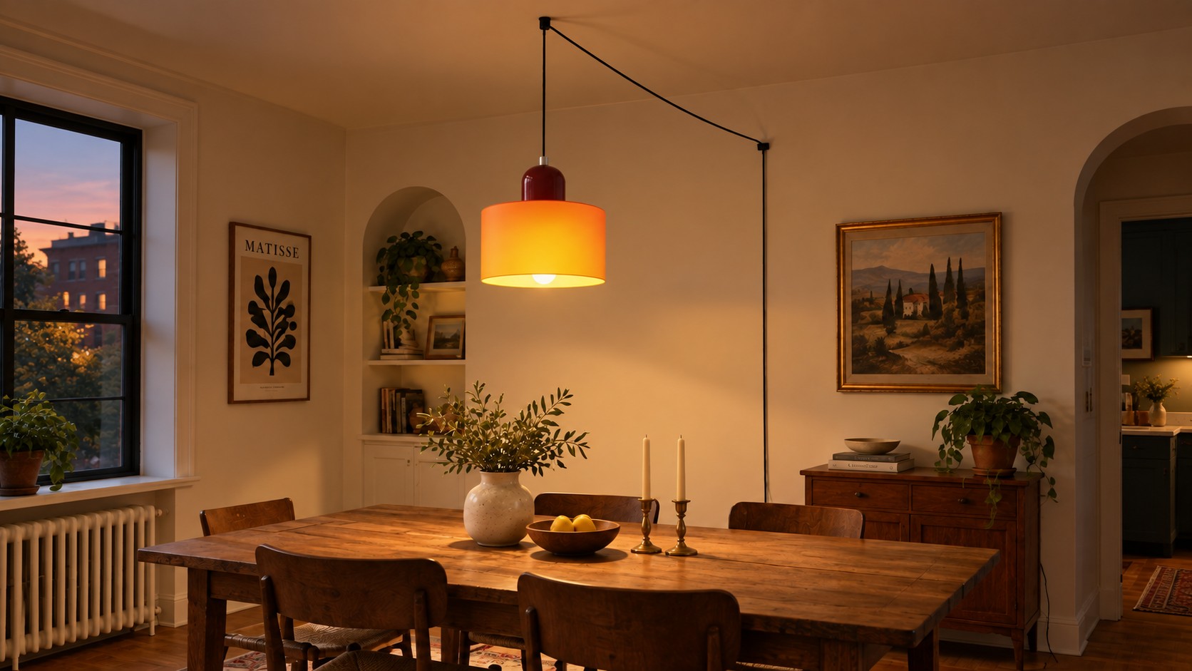 Mid-century macaron plug-in pendant light switched on