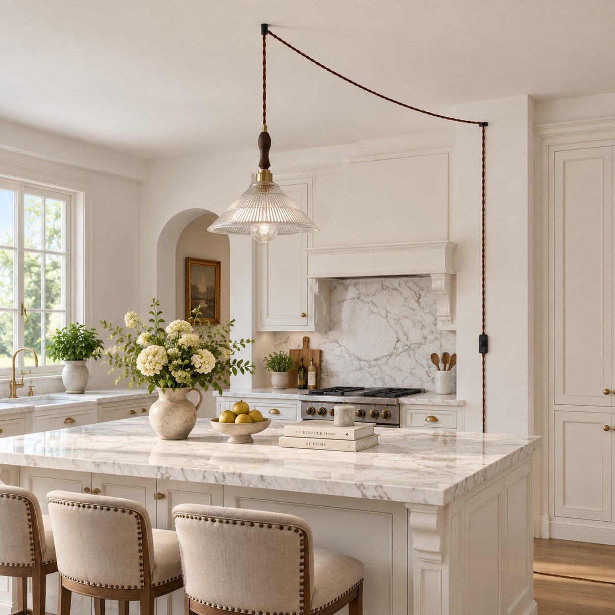 Plug-in swag pendant above a kitchen island