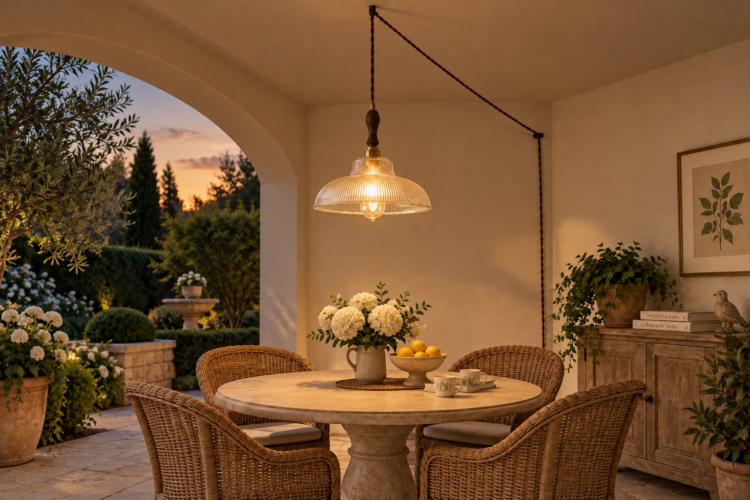 Vintage ribbed glass plug-in pendant illuminated