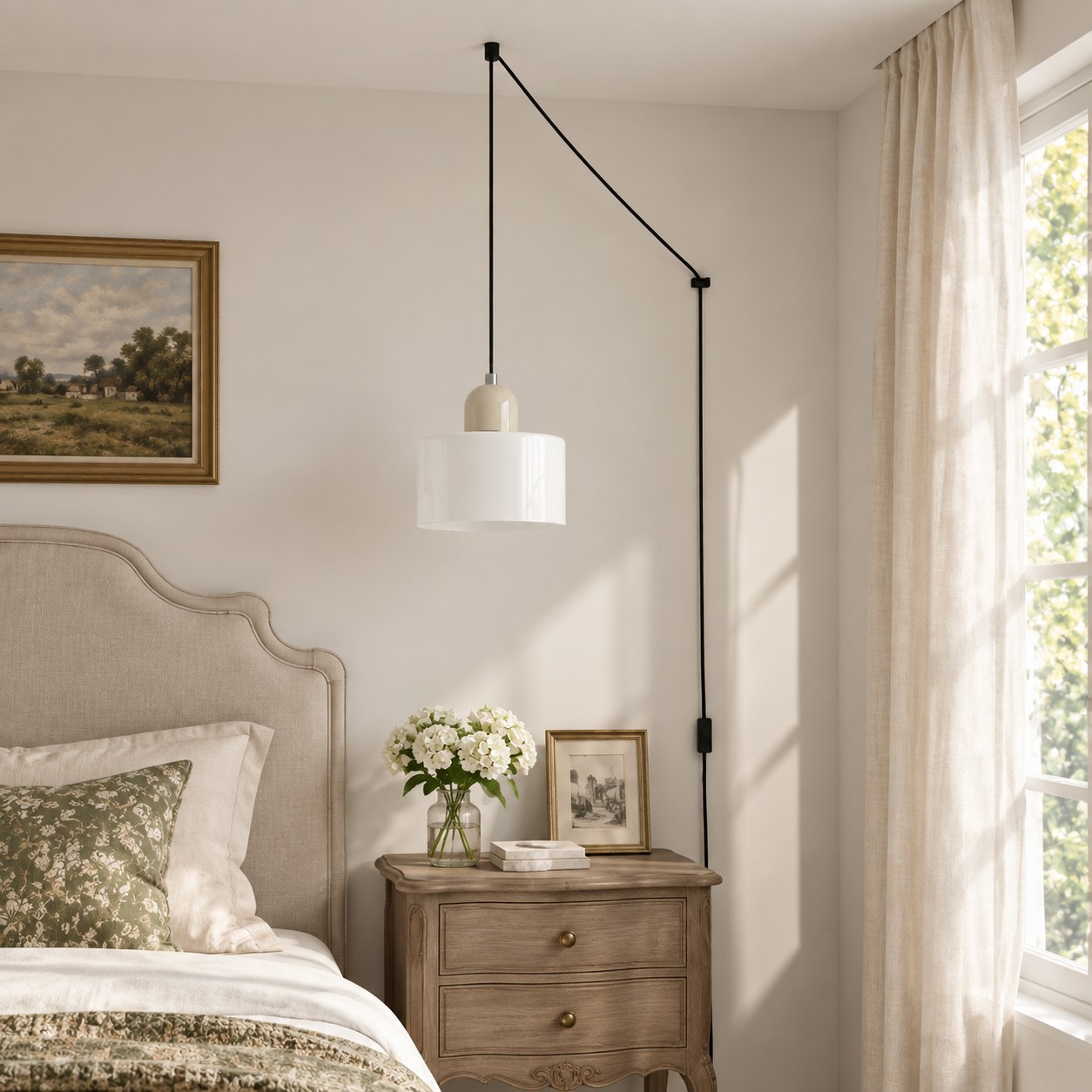 Plug-in pendant light used in a bedroom