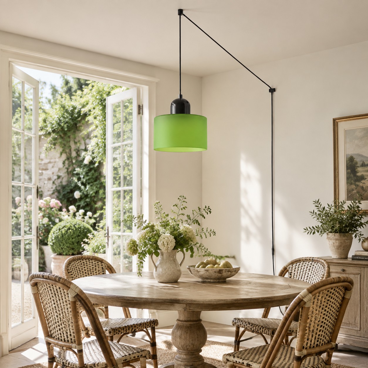 Plug-in pendant light in a lounge area