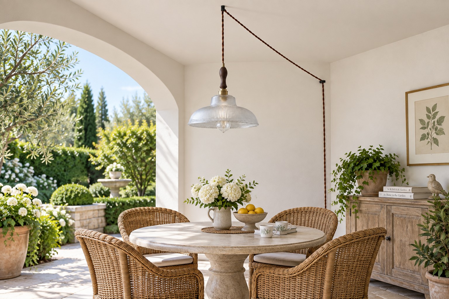 Vintage ribbed glass plug-in pendant in an interior