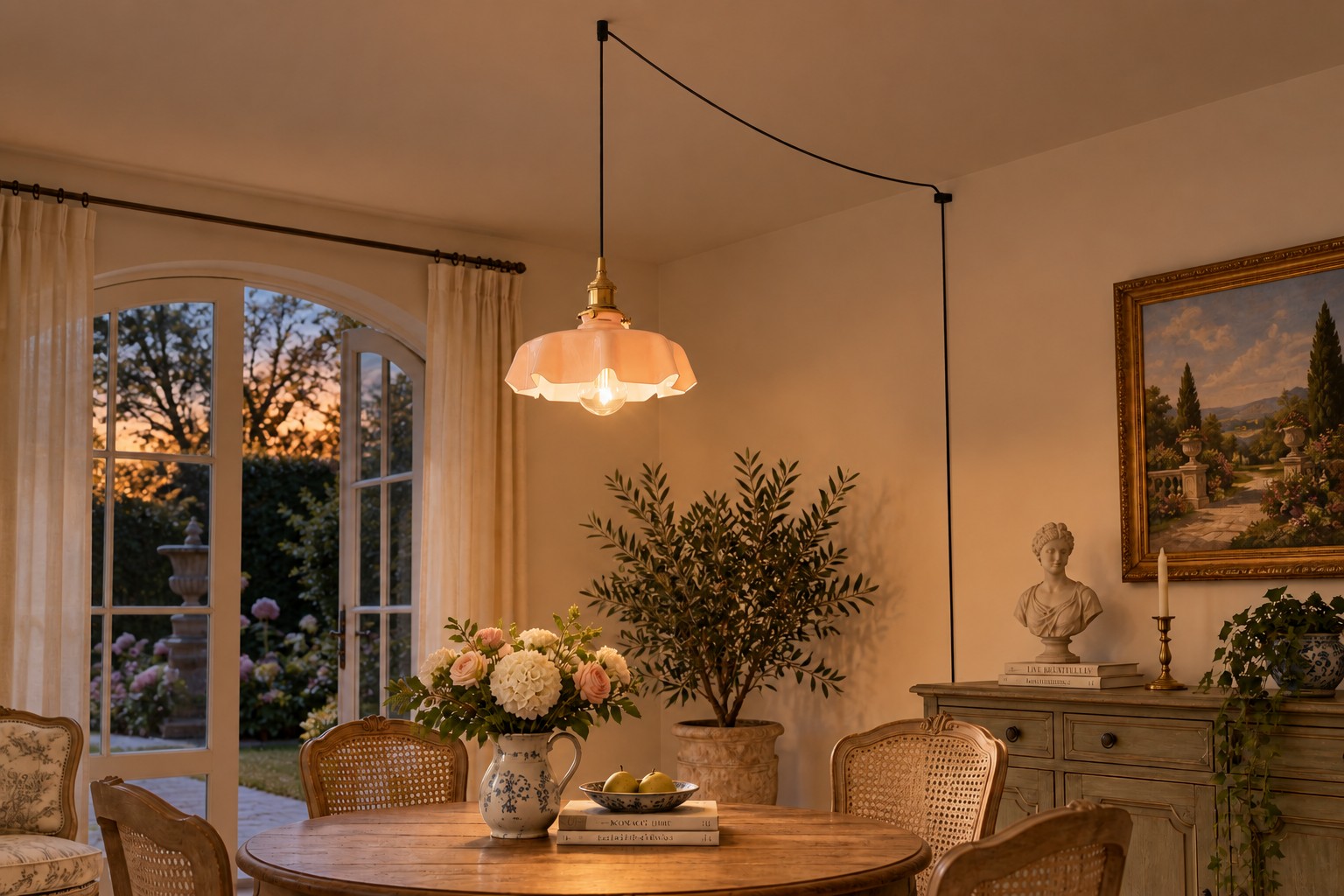 Pendant light glowing in the dining room at night