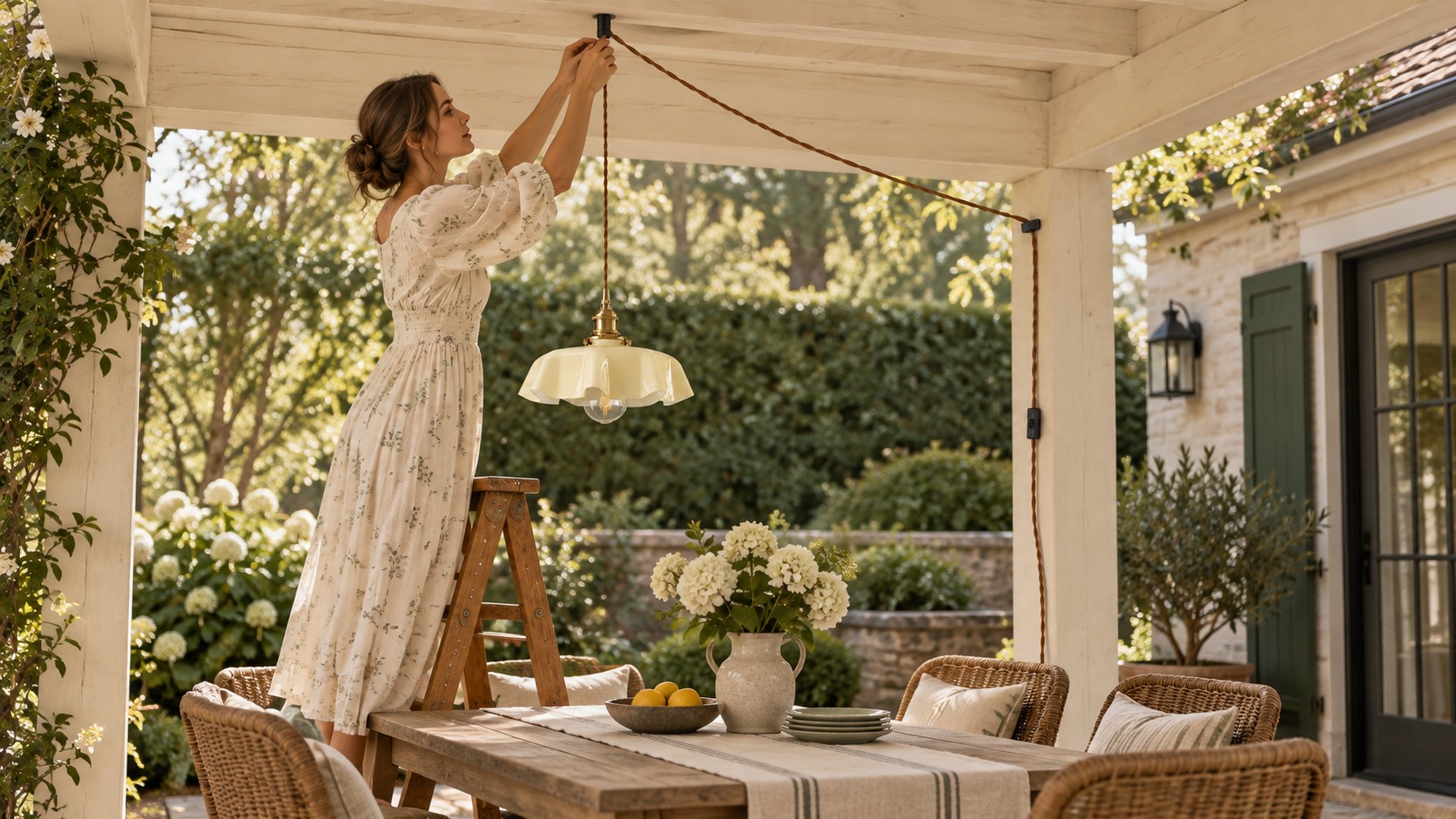 White plug-in flower pendant light above a sunlit dining table