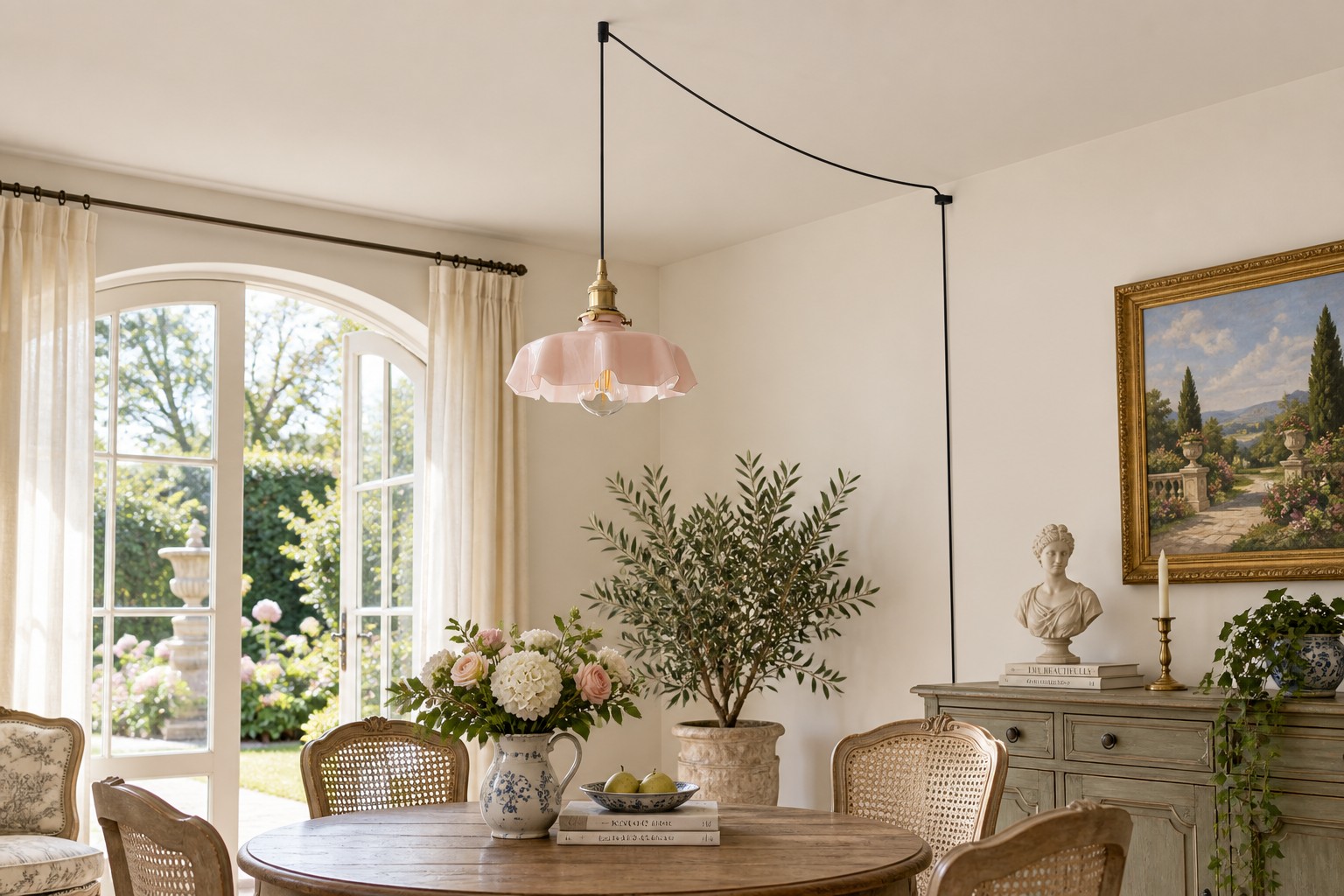 Pendant light in a bright daytime dining room