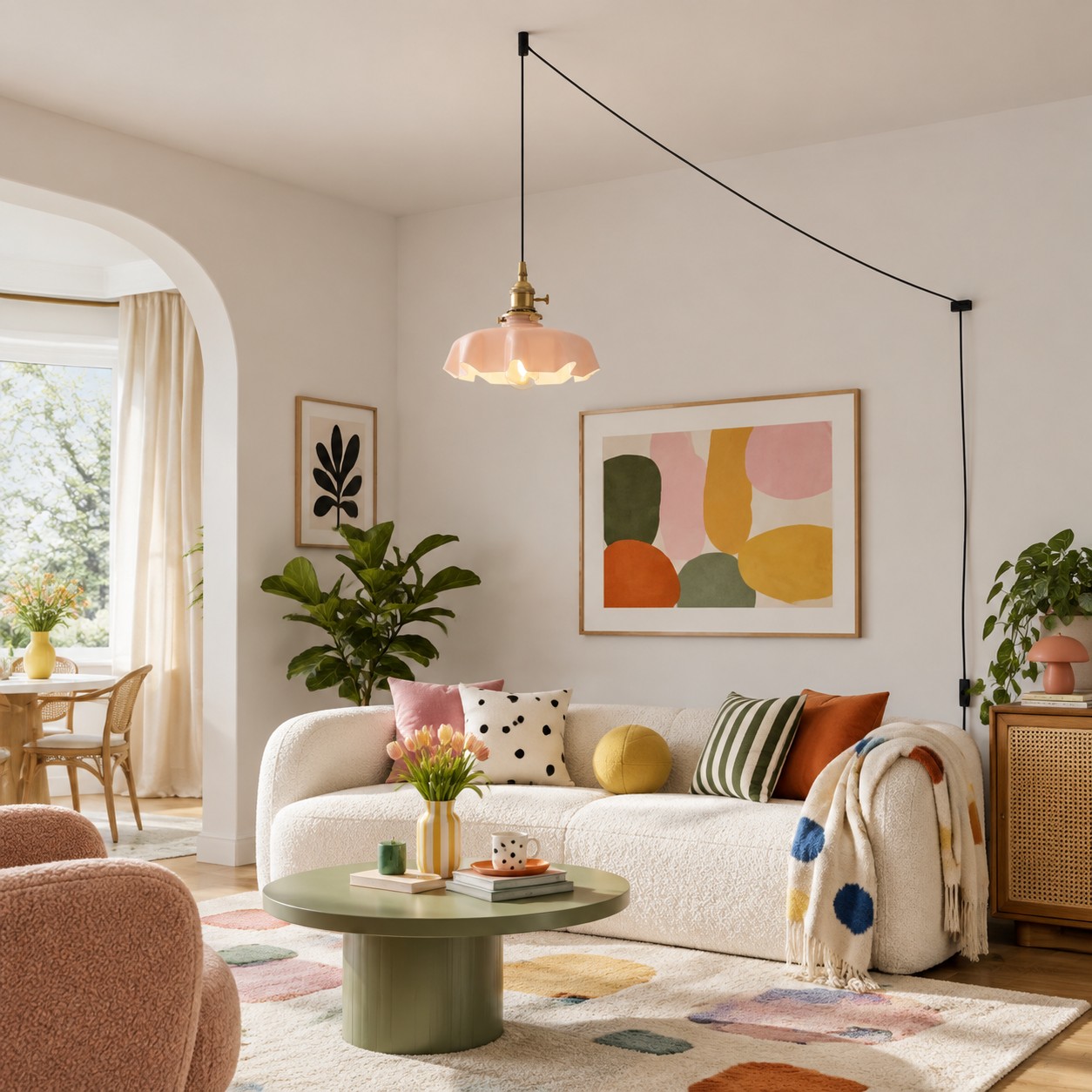 Pink flower glass pendant light in a sunlit living room