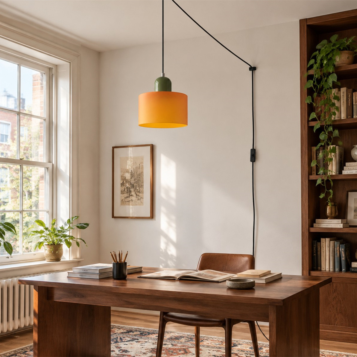 Lámpara colgante enchufable en una sala de estudio