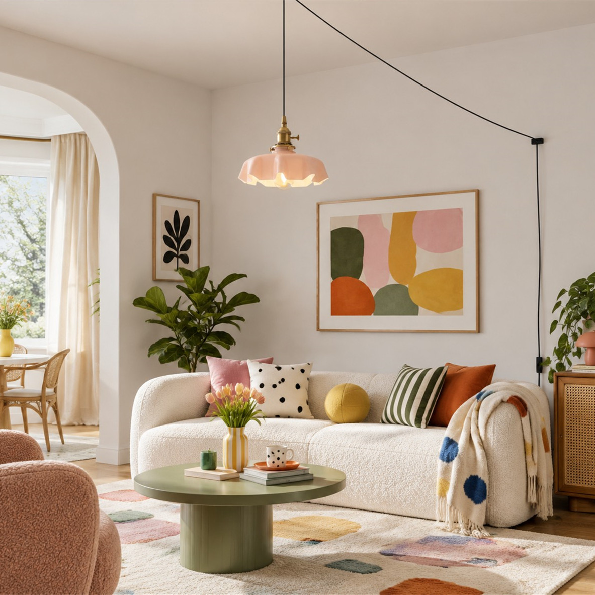 Lámpara colgante de cristal con forma de flor rosa en una sala de estar iluminada por el sol.