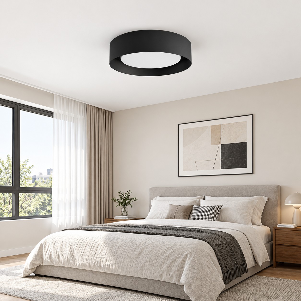Camera da letto con lampada a tamburo rotonda