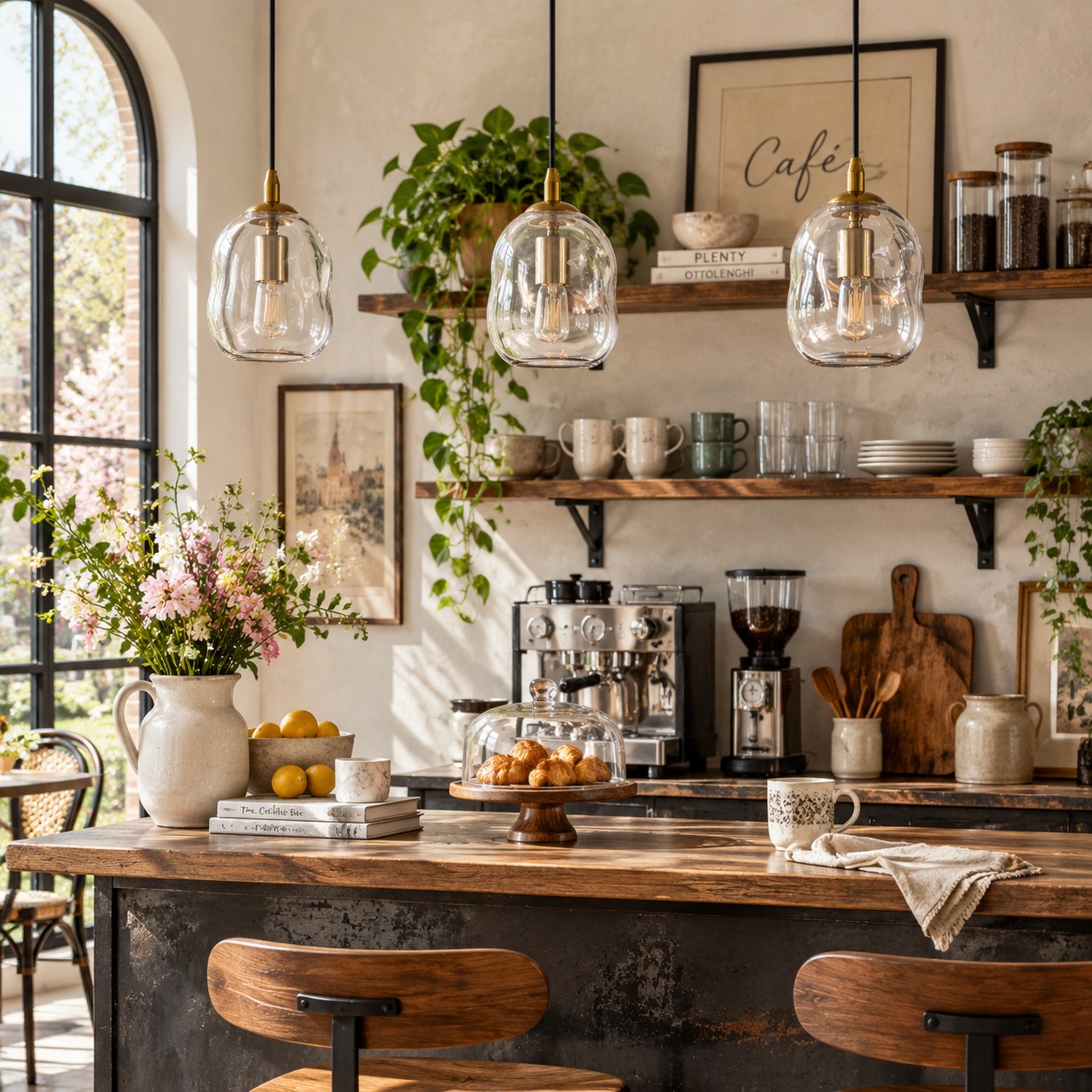Organic glass pendants over a kitchen island