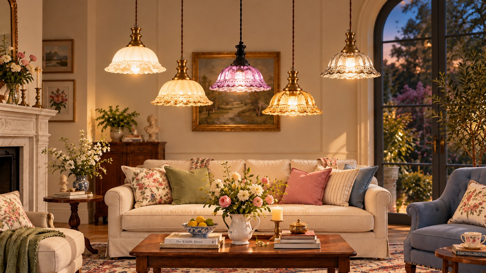 Fluted glass pendants glowing in a living room at evening