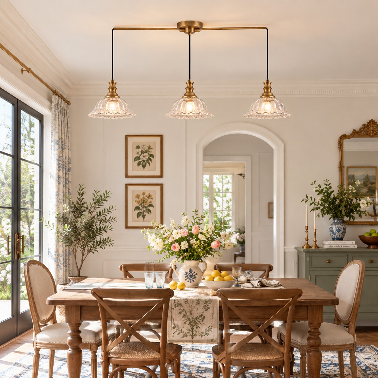 Three clear fluted glass pendants over a dining table