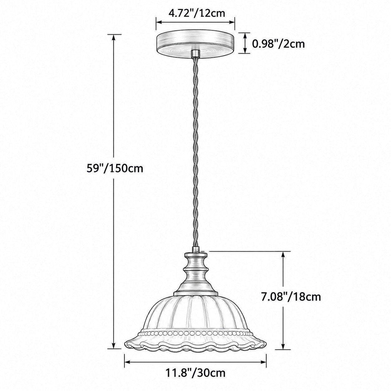 Size diagram Dia 11.8 in &times; H 7.08 in