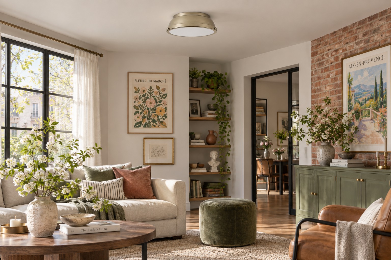 Flush mount ceiling light in a living room, light off