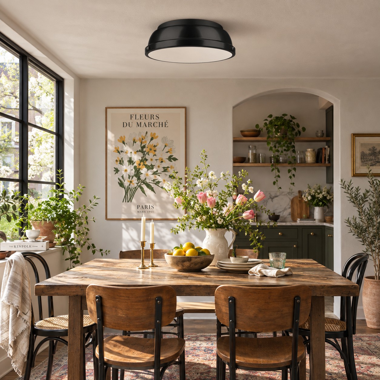 Flush mount over a dining table in an open room