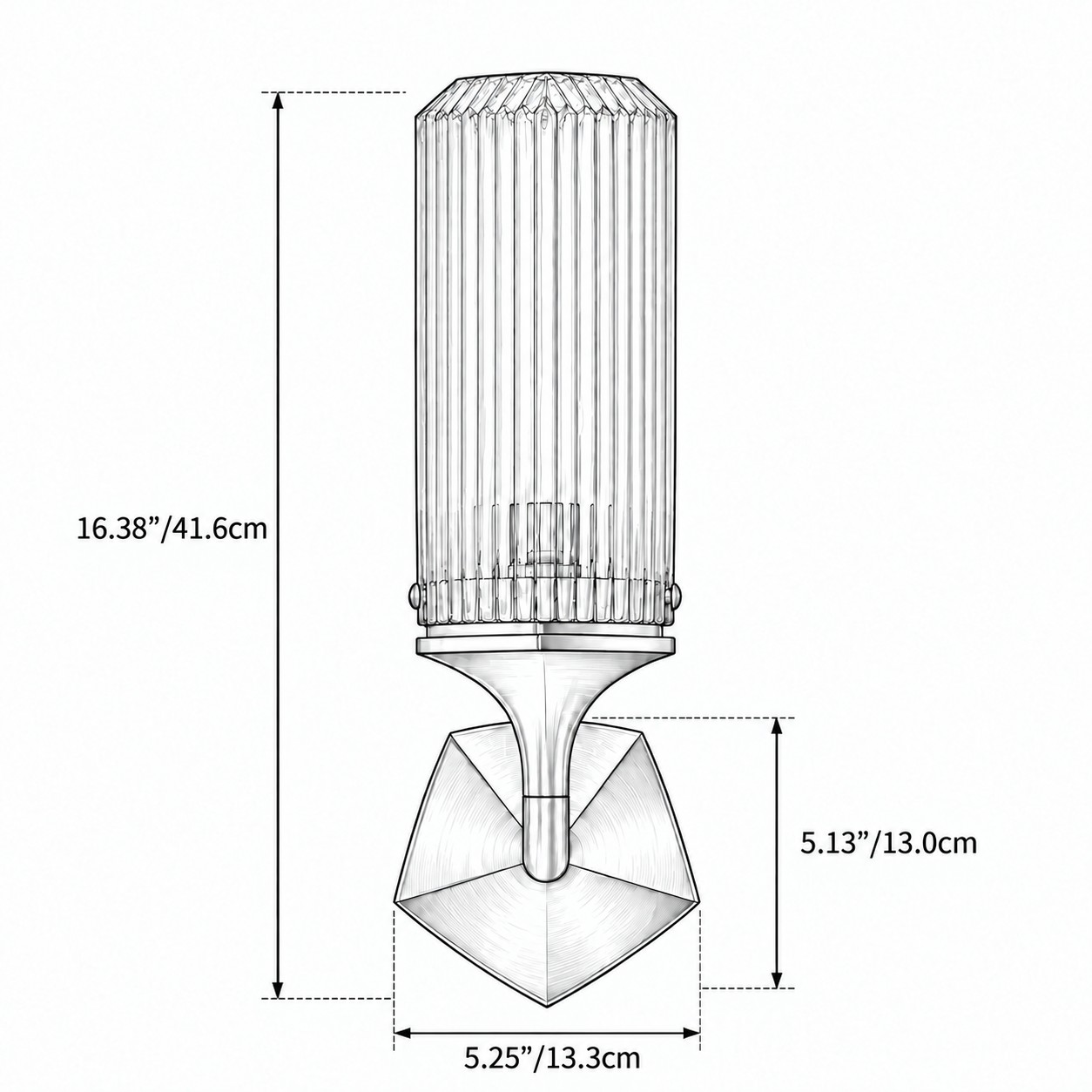Diagrama de dimensões de 1 lâmpada A 16.38 × L 5.25 × P 6.5 in