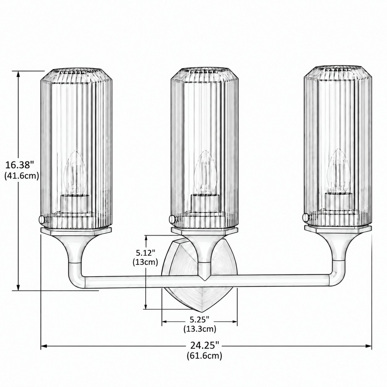 Diagrama de dimensões de 3 braços: A 16.38 × L 24.25 × P 6.5 in