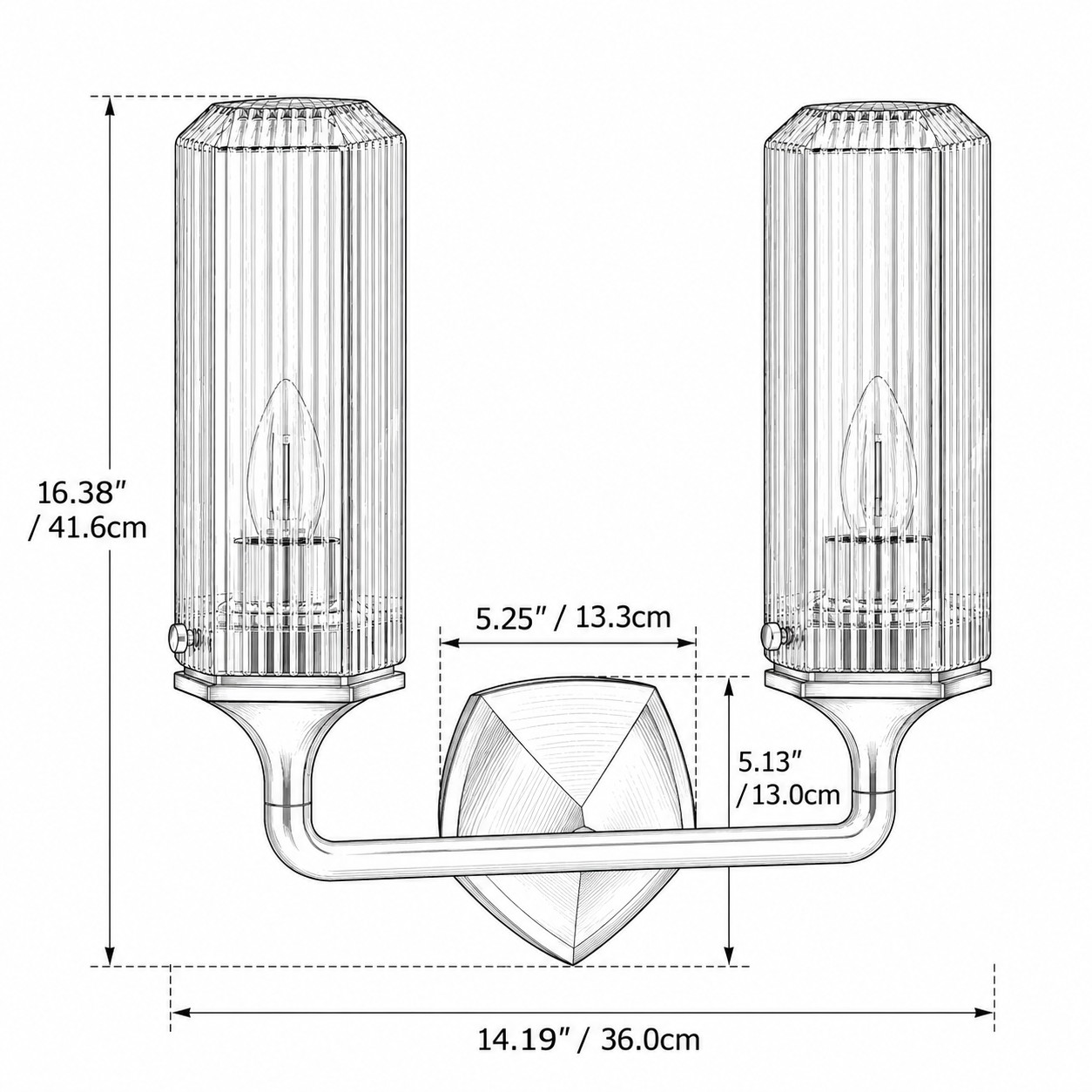 Diagrama de dimensões de 2 braços B: A 16.38 × L 14.19 × P 6.5 in