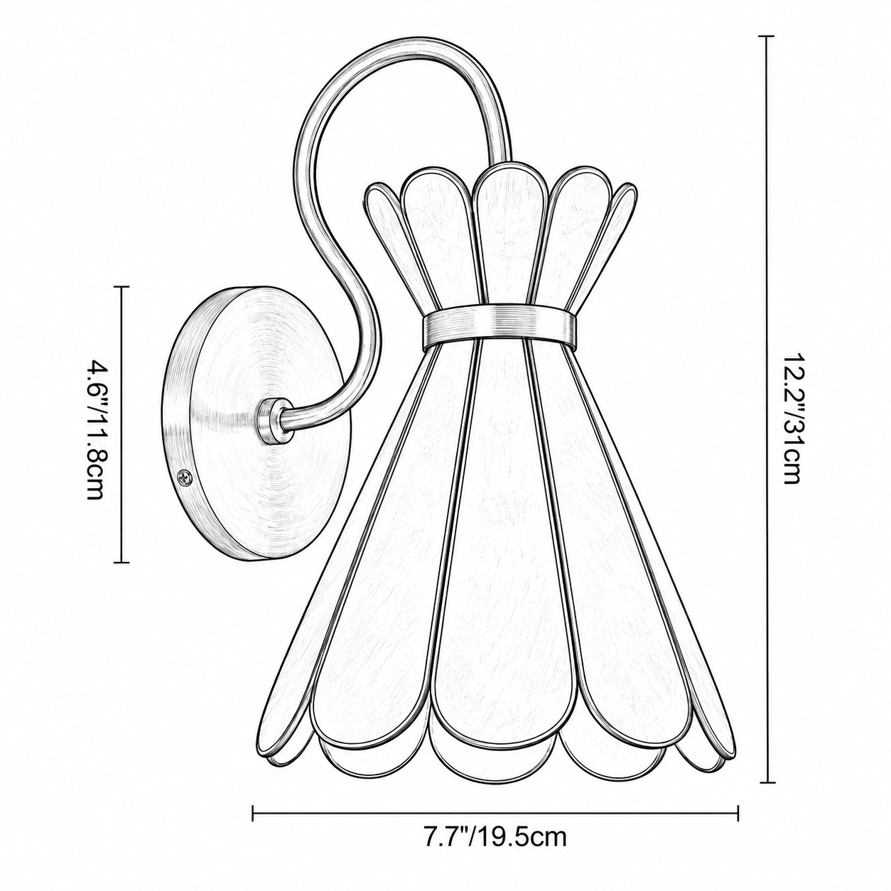 Schéma rozměrů V 12,2 in × Š 7,7 in × stropní krytka 4,6 in