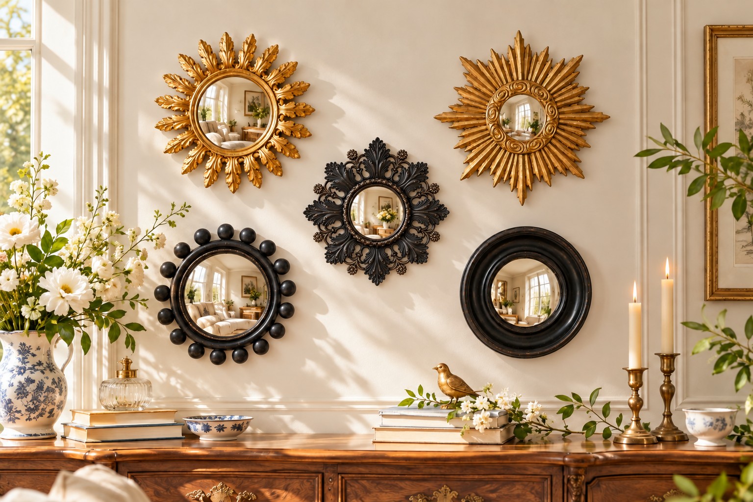 Collection de miroirs muraux convexes décoratifs sur un mur galerie crème