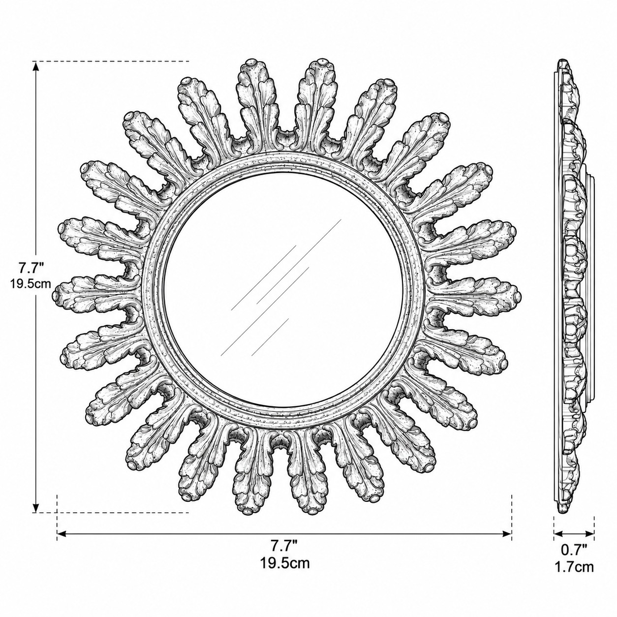 Schéma Spark H 7.7 × W 7.7 × D 0.7 in / 19.5 × 19.5 × 1.7 cm