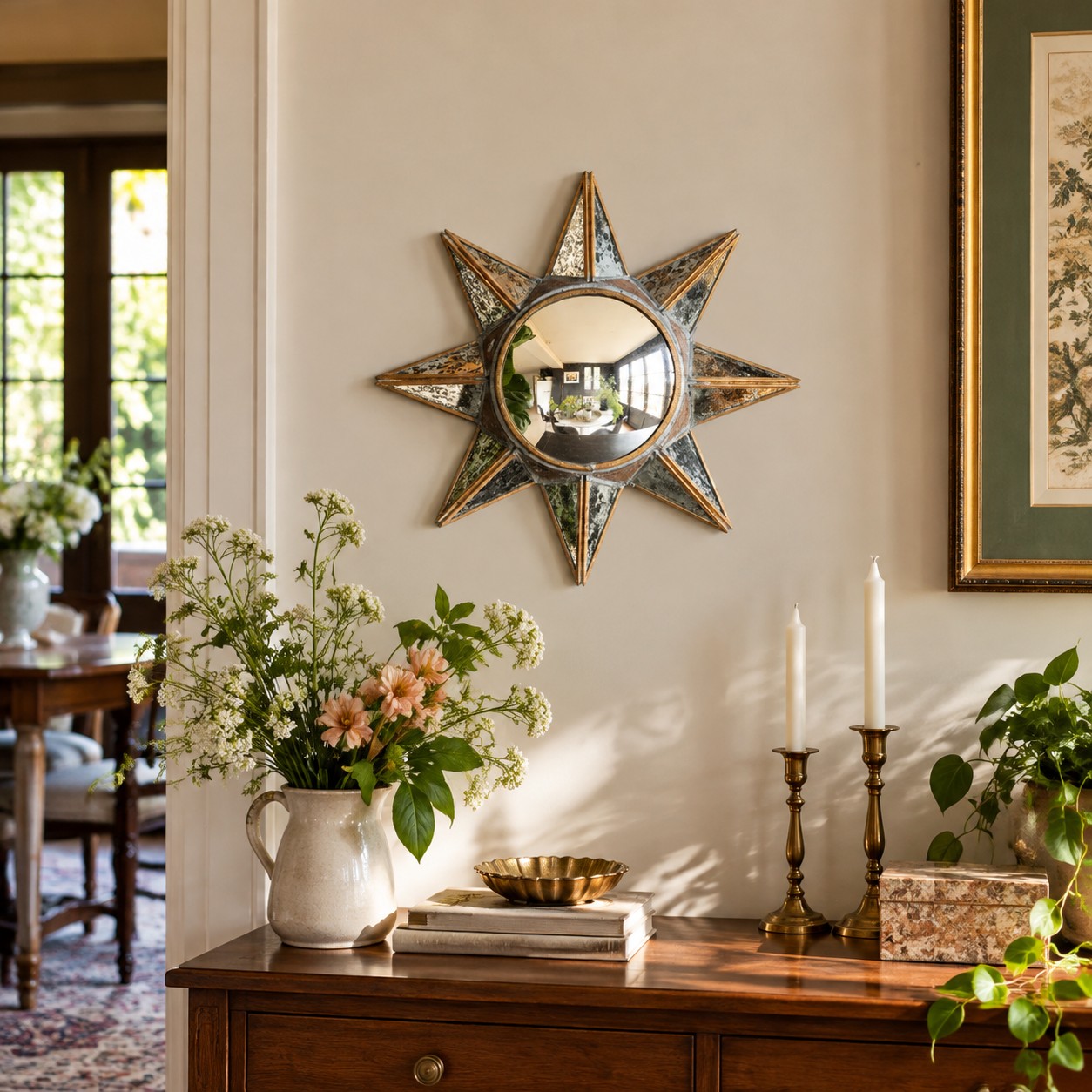 Miroir convexe au-dessus d'une vignette de buffet
