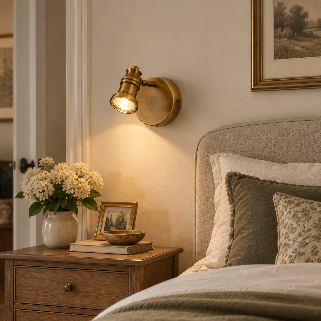 Applique da parete singola Aurelia in ottone, da posizionare accanto al letto.