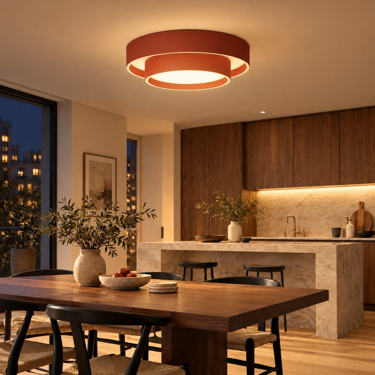 Nella stessa cucina, di notte, si accende una plafoniera a LED rotonda rossa.
