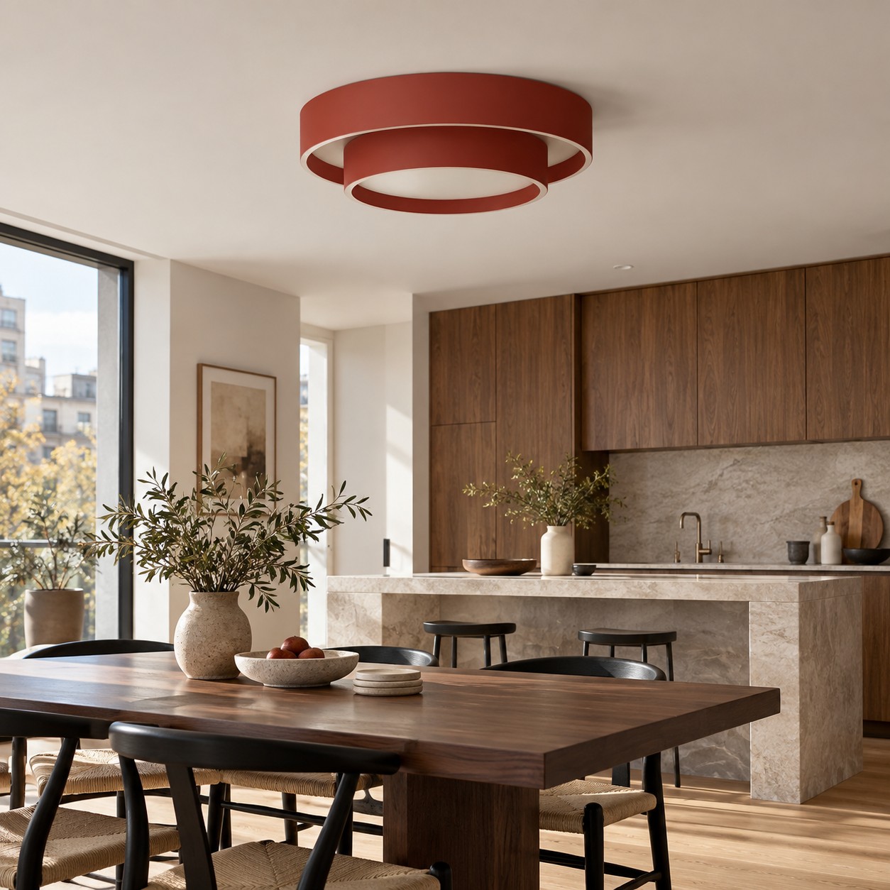 Plafoniera a LED rotonda rossa spenta in cucina durante il giorno.