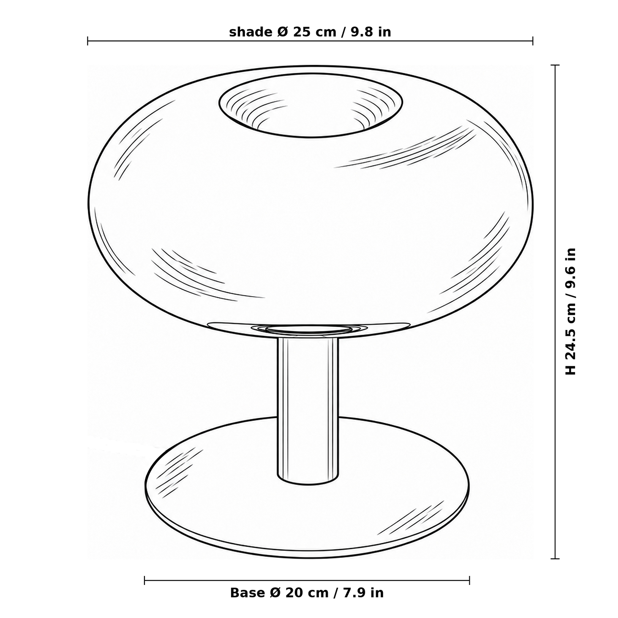 Dibujo lineal de la lámpara de mesa con una altura de 24,5 cm / 9,6 pulgadas, un diámetro de pantalla de 25 cm / 9,8 pulgadas y un diámetro de base de 20 cm / 7,9 pulgadas.