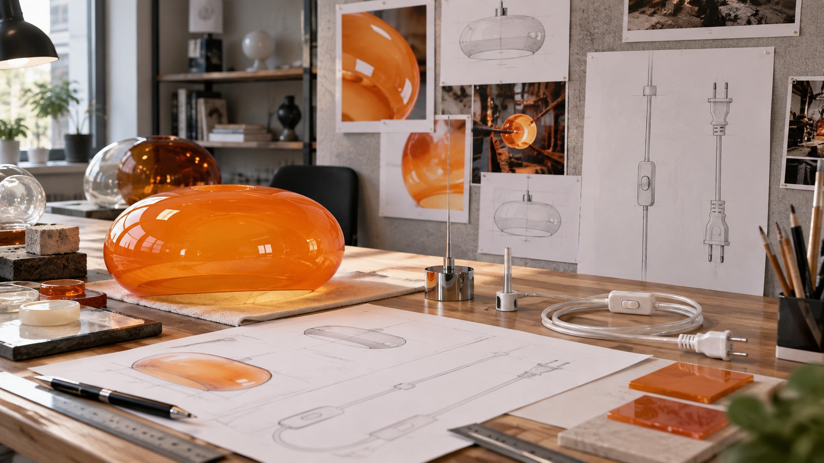 Design inspiration showing rounded Potivus shades, sketches and a warm colour palette