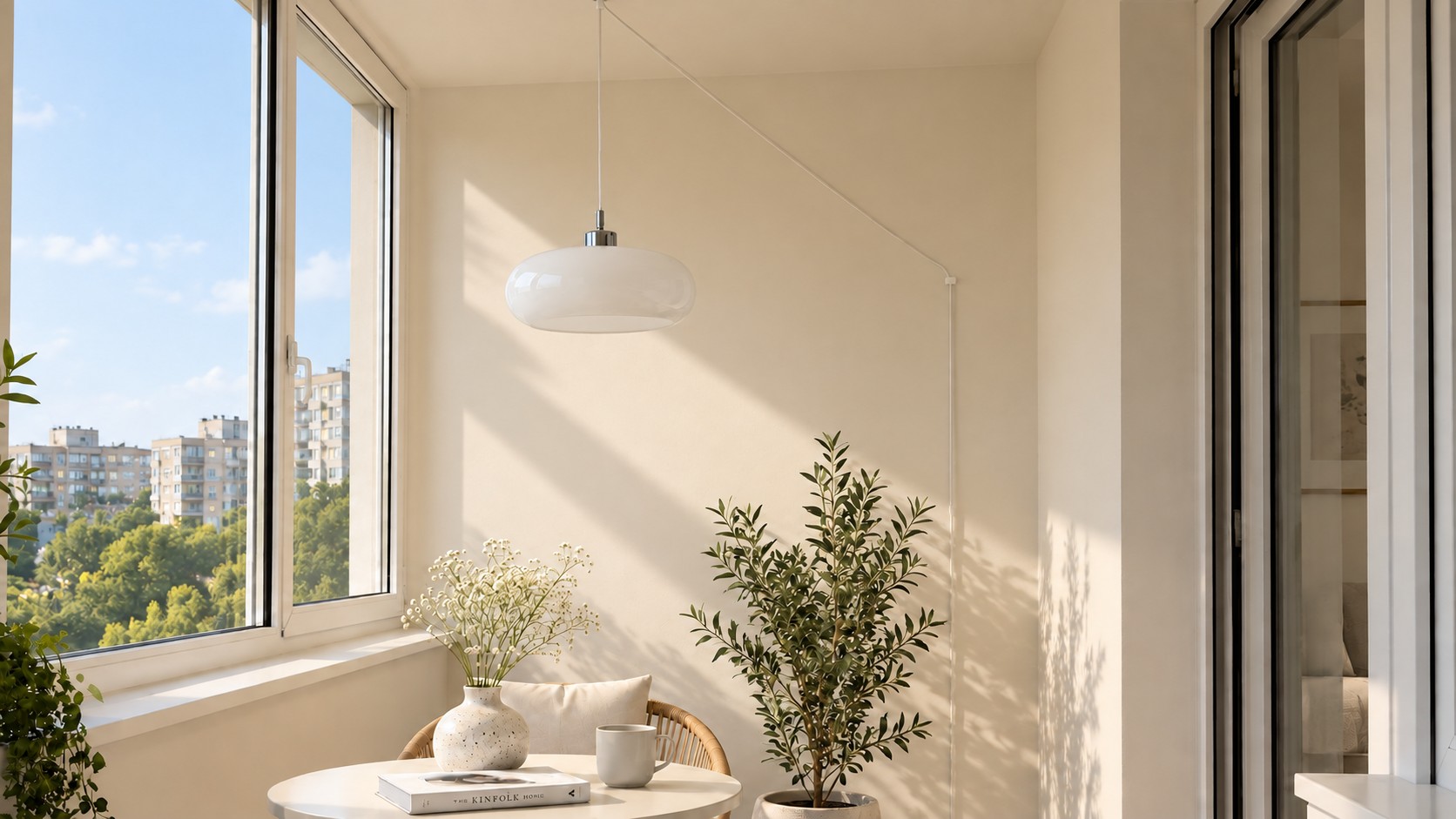 White Potivus pendant in a sunlit sitting room