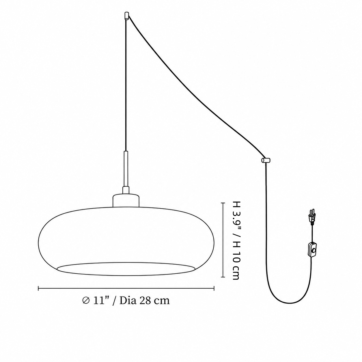 Potivus dimension drawing: diameter 28 cm and body height 10 cm, with plug-in cord and switch