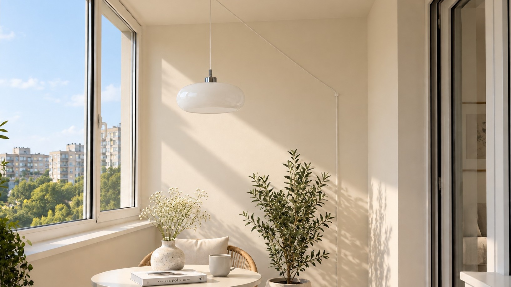 White Potivus pendant in a sunlit sitting room