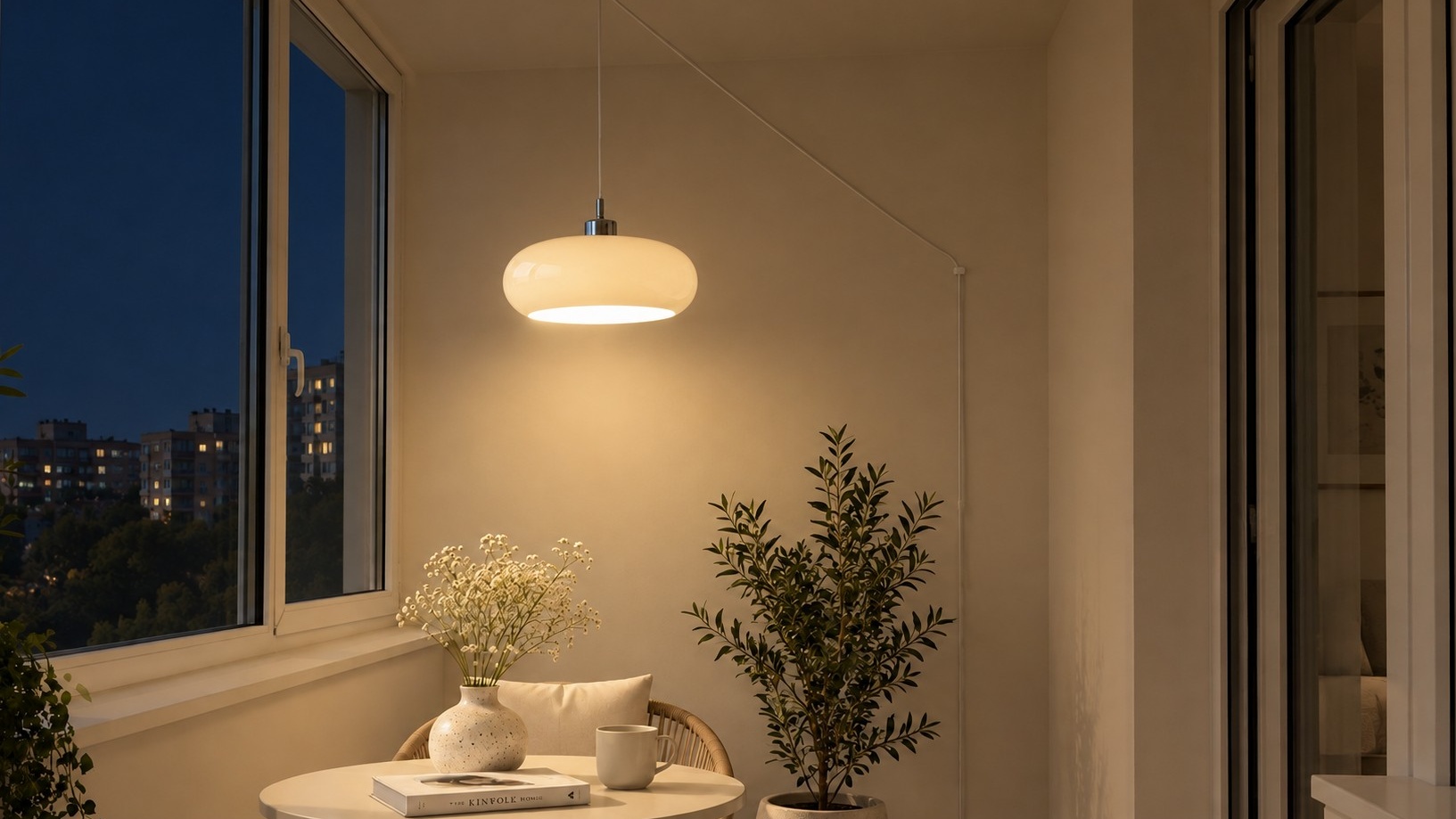 White Potivus pendant illuminated in the evening
