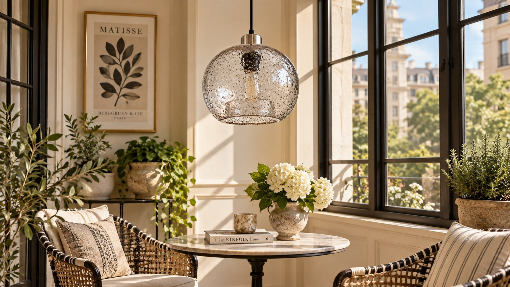 Una lámpara colgante de globo de cristal texturizado, apagada, se encuentra sobre una mesa junto a unas ventanas altas.