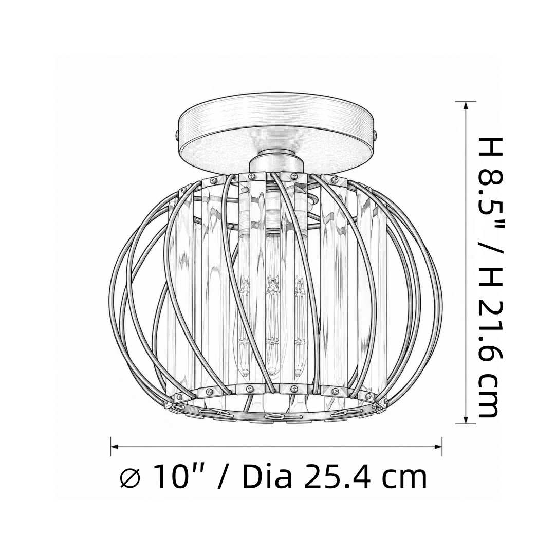 Dimensions du plafonnier géométrique en forme de cage : 25,4 cm de diamètre et 40,3 cm de hauteur.