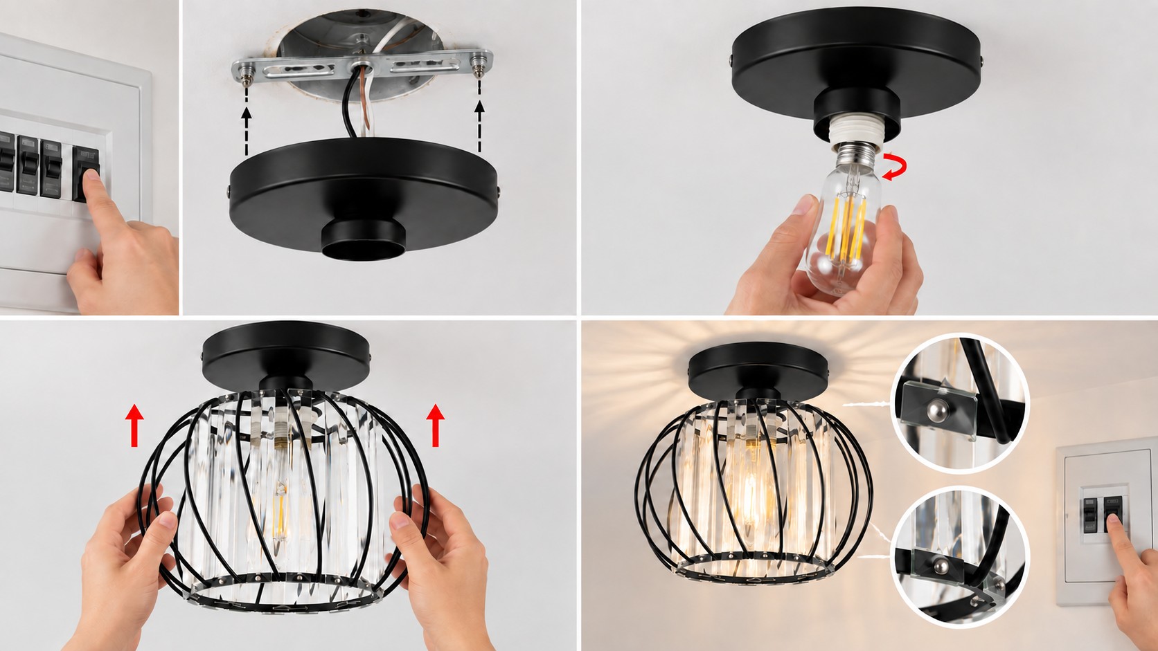 Illustration d'installation pour le plafonnier géométrique en cristal à cage
