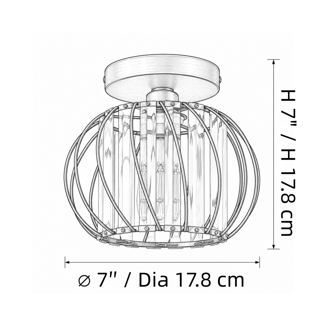 Dimensions du plafonnier géométrique en forme de cage : sept pouces de diamètre et 17,8 pouces de hauteur.