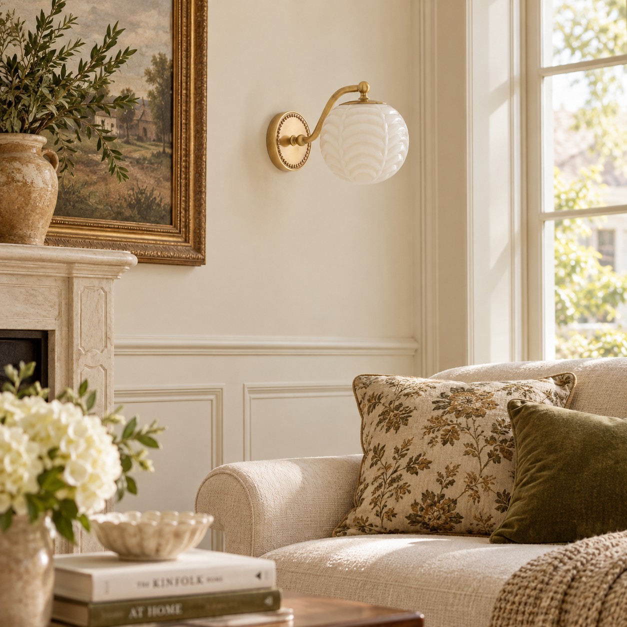 Cream ribbed glass sconce on a paneled wall beside a living room sofa