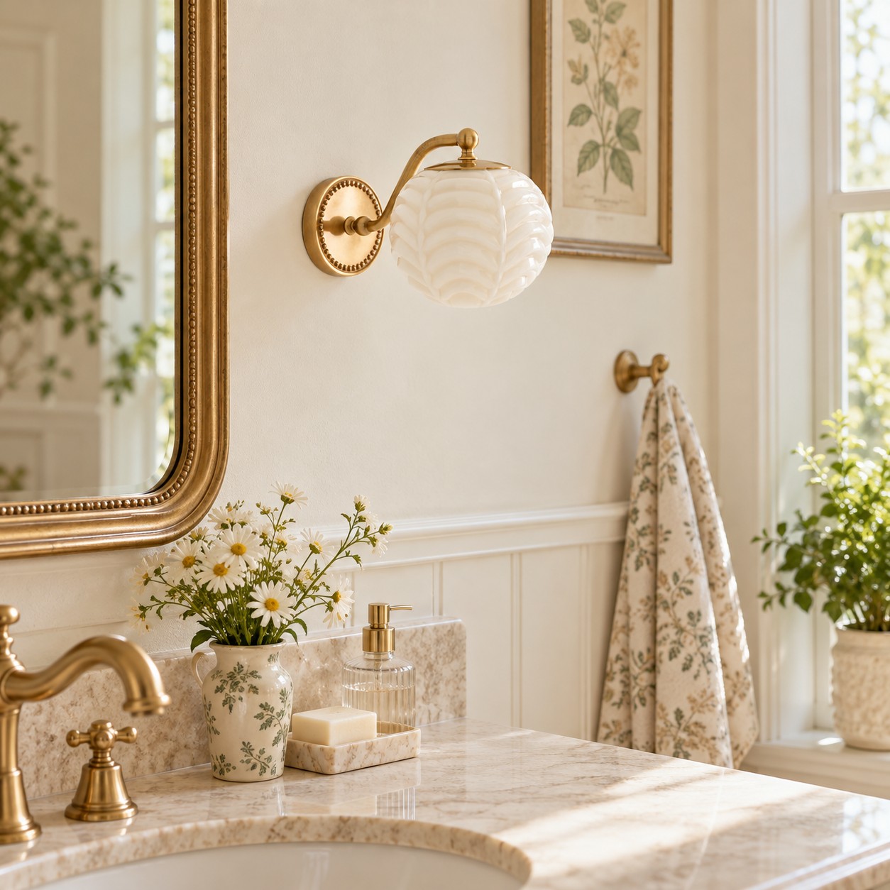 Cream ribbed glass sconce above a marble vanity beside a brass mirror and faucet