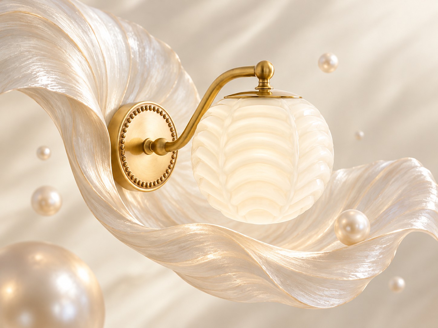 Lit cream ribbed glass sconce glowing softly on an antique-brass arm