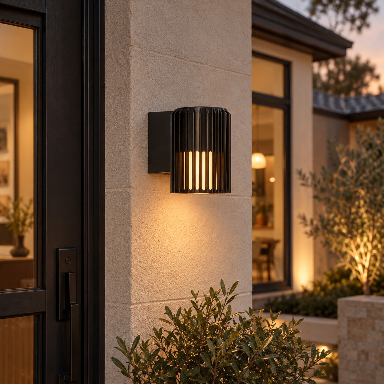 Applique nera a coste illuminata che proietta una calda pozza su un pilastro d'ingresso in pietra accanto a una porta scura