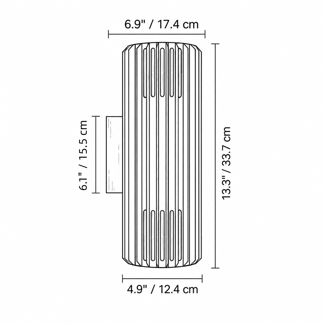 Disegno a due luci: 33,6 cm di altezza, 17,5 cm di diametro della testa, 12,4 cm alla base, piastra alta 15,5 cm.
